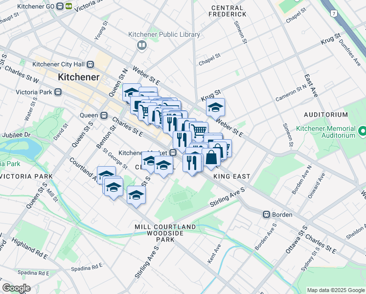 map of restaurants, bars, coffee shops, grocery stores, and more near 26 Madison Avenue South in Kitchener