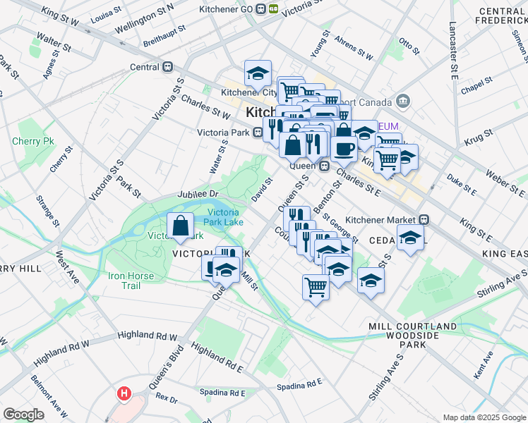 map of restaurants, bars, coffee shops, grocery stores, and more near in Kitchener