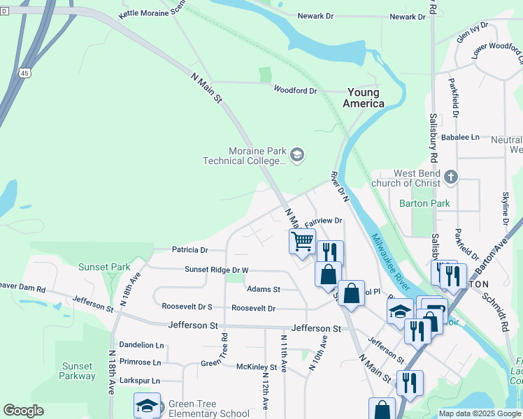 map of restaurants, bars, coffee shops, grocery stores, and more near 2017 Green Tree Road in West Bend