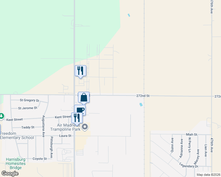 map of restaurants, bars, coffee shops, grocery stores, and more near 47527 272nd Street in Harrisburg