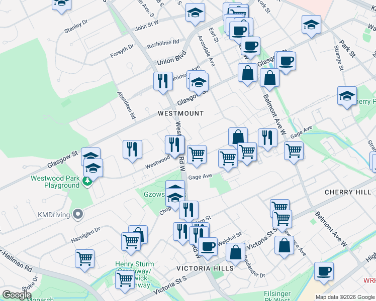 map of restaurants, bars, coffee shops, grocery stores, and more near 500 Westmount Road West in Kitchener