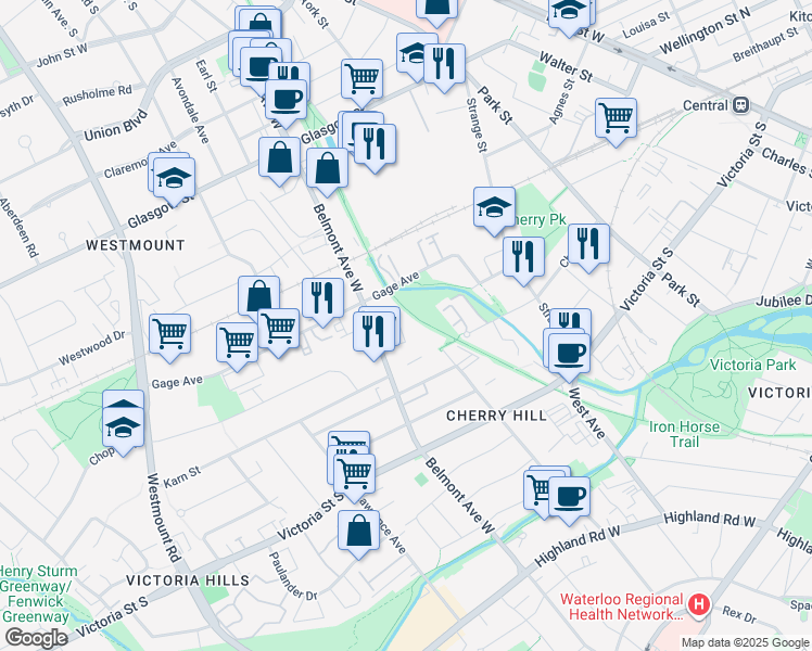 map of restaurants, bars, coffee shops, grocery stores, and more near 460a Belmont Avenue West in Kitchener