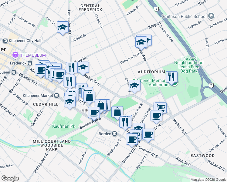 map of restaurants, bars, coffee shops, grocery stores, and more near 218 Weber Street East in Kitchener