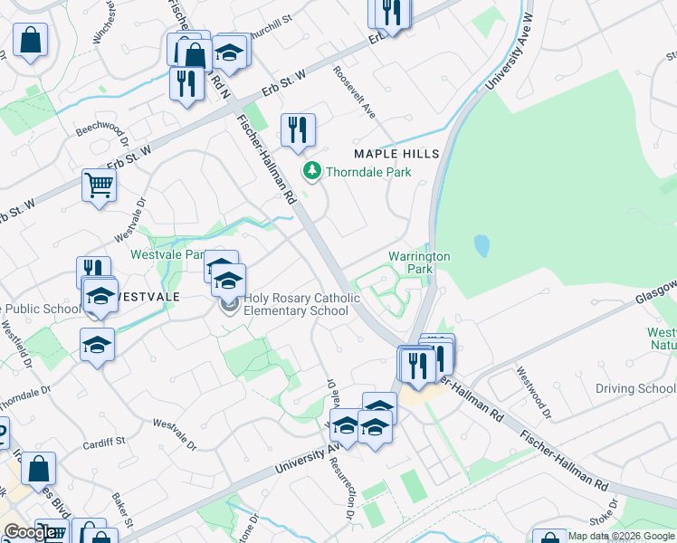 map of restaurants, bars, coffee shops, grocery stores, and more near Fischer Hallman Road in Waterloo