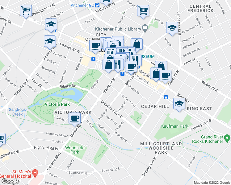 map of restaurants, bars, coffee shops, grocery stores, and more near in Kitchener