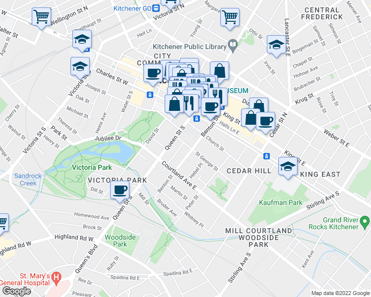 map of restaurants, bars, coffee shops, grocery stores, and more near 90 Benton Street in Kitchener