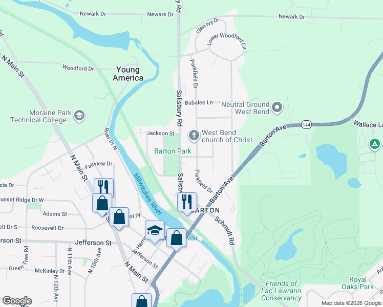 map of restaurants, bars, coffee shops, grocery stores, and more near 2130 Parkfield Drive in West Bend