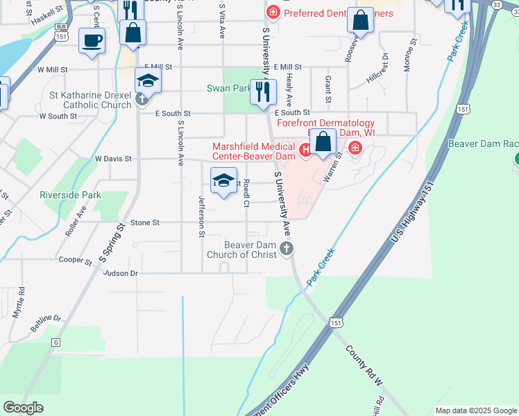 map of restaurants, bars, coffee shops, grocery stores, and more near 307 Roedl Court in Beaver Dam