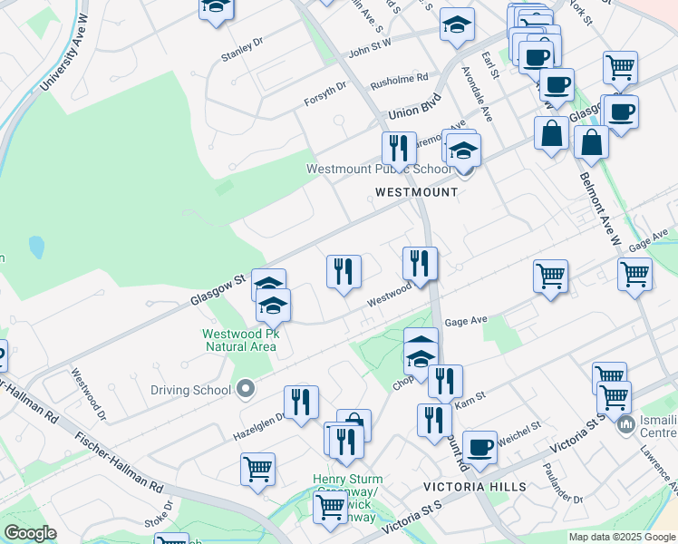 map of restaurants, bars, coffee shops, grocery stores, and more near 88 Inwood Crescent in Kitchener