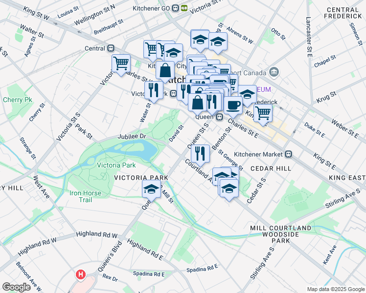 map of restaurants, bars, coffee shops, grocery stores, and more near 290 Queen Street South in Kitchener