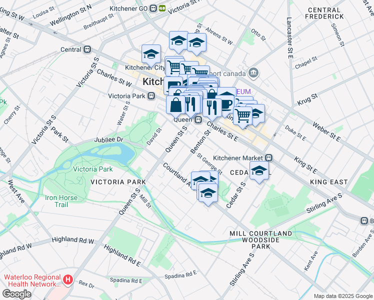 map of restaurants, bars, coffee shops, grocery stores, and more near 112 Benton Street in Kitchener