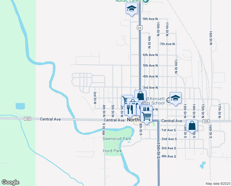 map of restaurants, bars, coffee shops, grocery stores, and more near 466-498 3rd Avenue North in Northwood