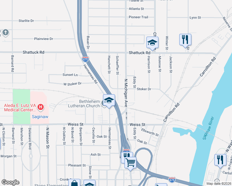 map of restaurants, bars, coffee shops, grocery stores, and more near 736 Stoker Drive in Saginaw