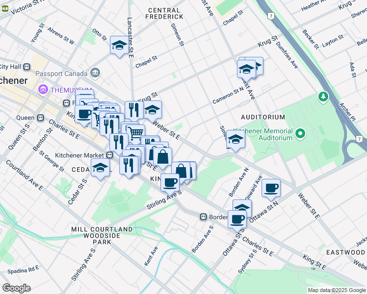 map of restaurants, bars, coffee shops, grocery stores, and more near 63 Pandora Avenue North in Kitchener