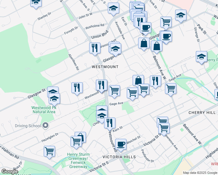 map of restaurants, bars, coffee shops, grocery stores, and more near 500 Westmount Road West in Kitchener