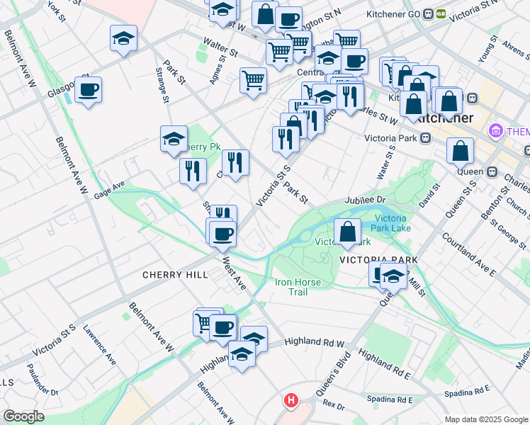 map of restaurants, bars, coffee shops, grocery stores, and more near 193 Victoria Street South in Kitchener