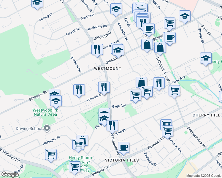map of restaurants, bars, coffee shops, grocery stores, and more near in Kitchener