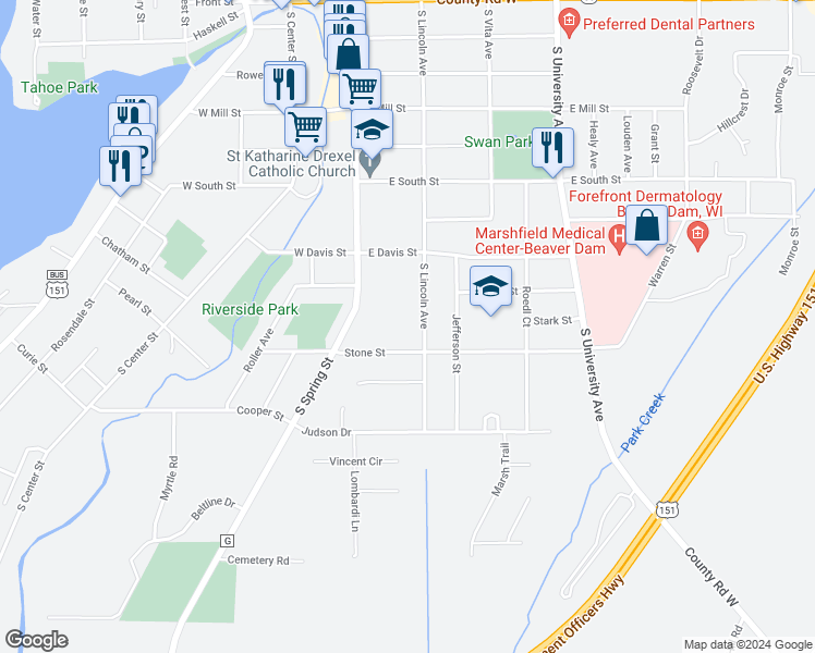 map of restaurants, bars, coffee shops, grocery stores, and more near 804 South Lincoln Avenue in Beaver Dam