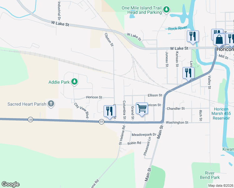 map of restaurants, bars, coffee shops, grocery stores, and more near 504 Columbia Street in Horicon