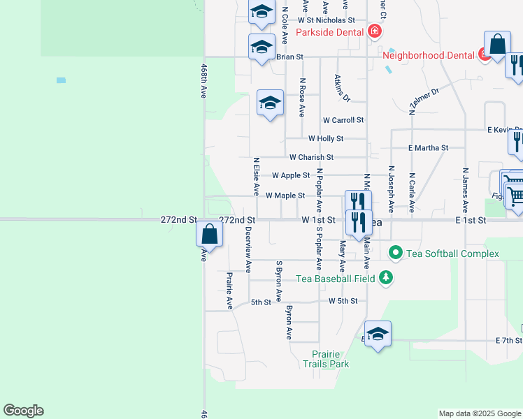 map of restaurants, bars, coffee shops, grocery stores, and more near 120 Elsie Avenue in Tea