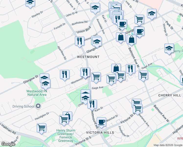 map of restaurants, bars, coffee shops, grocery stores, and more near in Kitchener