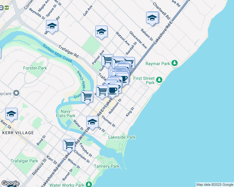 map of restaurants, bars, coffee shops, grocery stores, and more near 261e Lakeshore Road East in Oakville