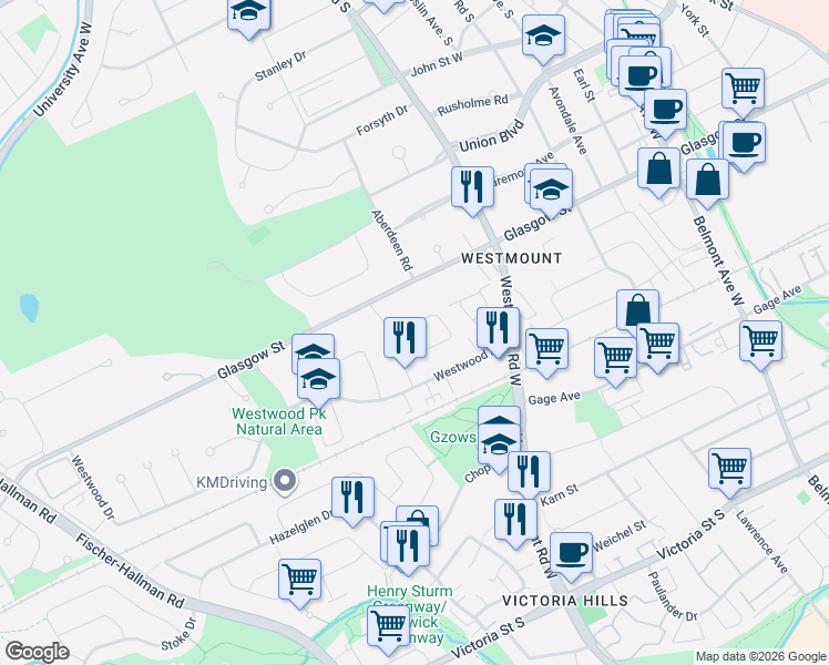 map of restaurants, bars, coffee shops, grocery stores, and more near 83 Inwood Crescent in Kitchener