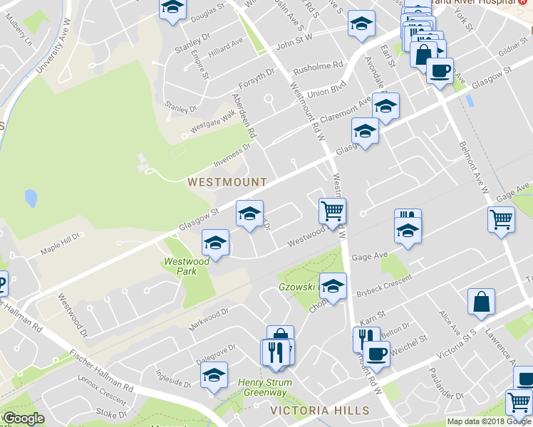 map of restaurants, bars, coffee shops, grocery stores, and more near 83 Inwood Crescent in Kitchener