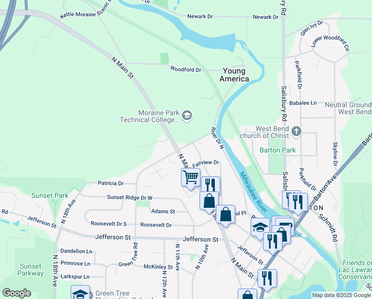 map of restaurants, bars, coffee shops, grocery stores, and more near 2040 Woodlawn Avenue in West Bend