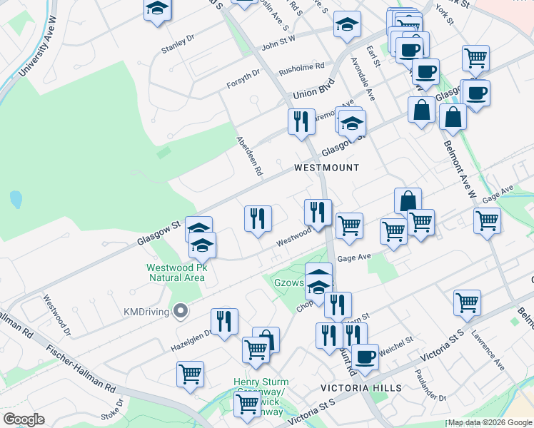 map of restaurants, bars, coffee shops, grocery stores, and more near 60 Inwood Crescent in Kitchener