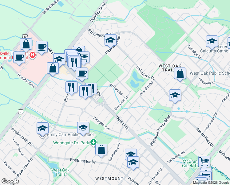 map of restaurants, bars, coffee shops, grocery stores, and more near 1493 Derby County Crescent in Oakville