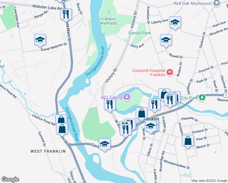map of restaurants, bars, coffee shops, grocery stores, and more near 154 West Bow Street in Franklin