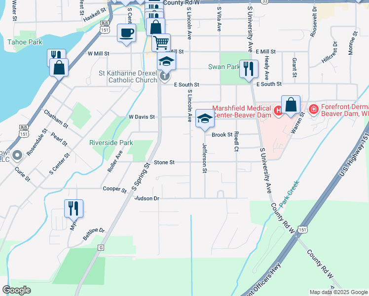 map of restaurants, bars, coffee shops, grocery stores, and more near 816 South Lincoln Avenue in Beaver Dam