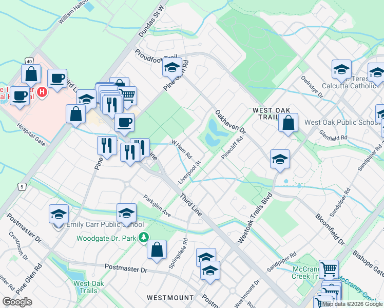 map of restaurants, bars, coffee shops, grocery stores, and more near 2337 West Ham Road in Oakville