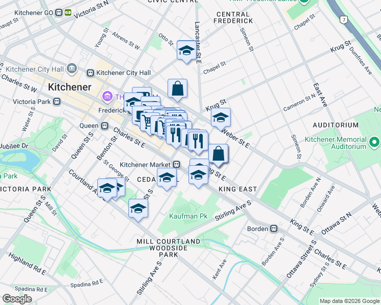 map of restaurants, bars, coffee shops, grocery stores, and more near 404 King Street East in Kitchener