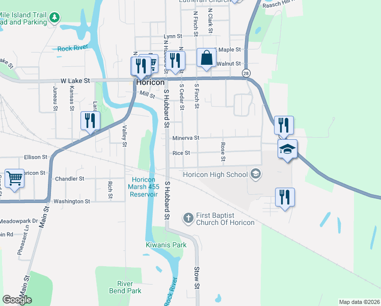 map of restaurants, bars, coffee shops, grocery stores, and more near 420 South Finch Street in Horicon
