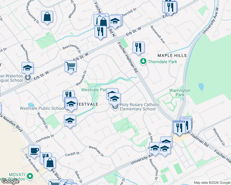 map of restaurants, bars, coffee shops, grocery stores, and more near 468 Appledale Crescent in Waterloo