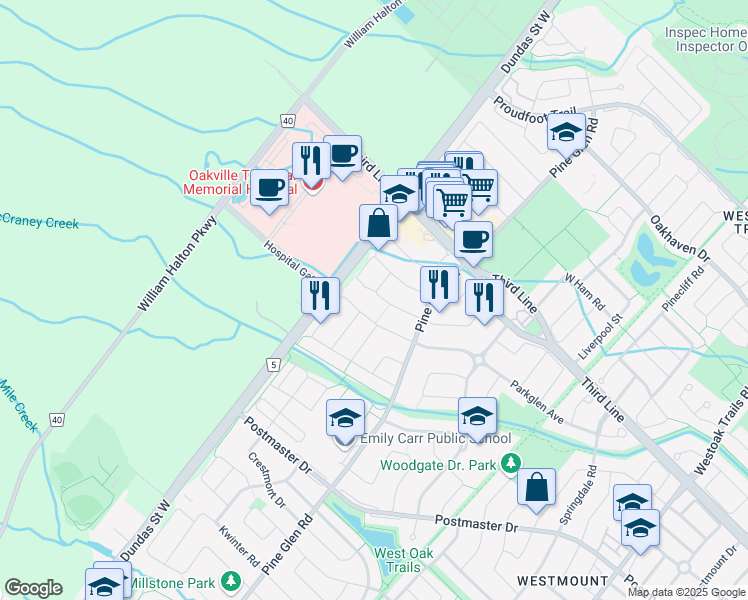 map of restaurants, bars, coffee shops, grocery stores, and more near 2400 Woodstock Trail in Oakville