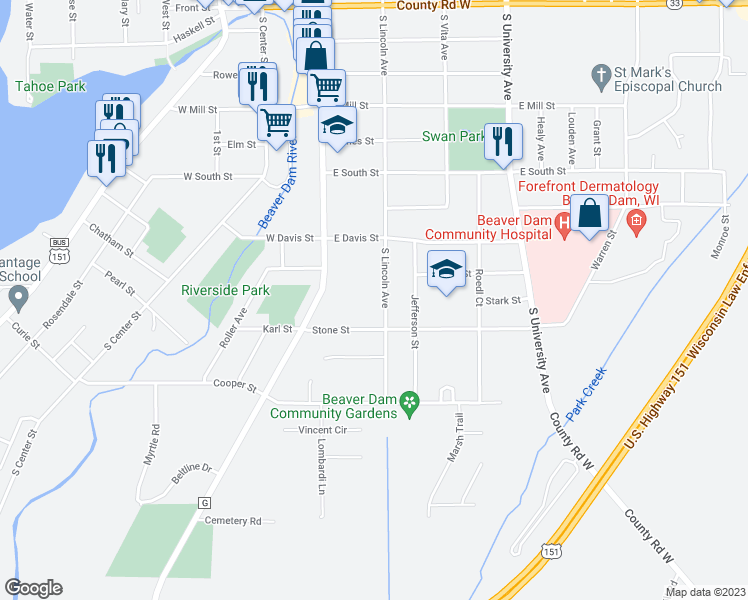 map of restaurants, bars, coffee shops, grocery stores, and more near 812 South Lincoln Avenue in Beaver Dam