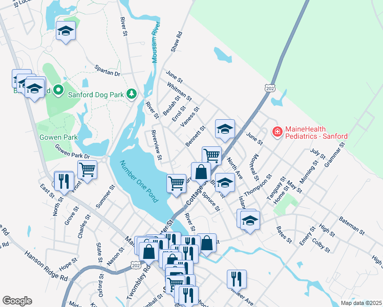 map of restaurants, bars, coffee shops, grocery stores, and more near 188 Brook Street in Sanford
