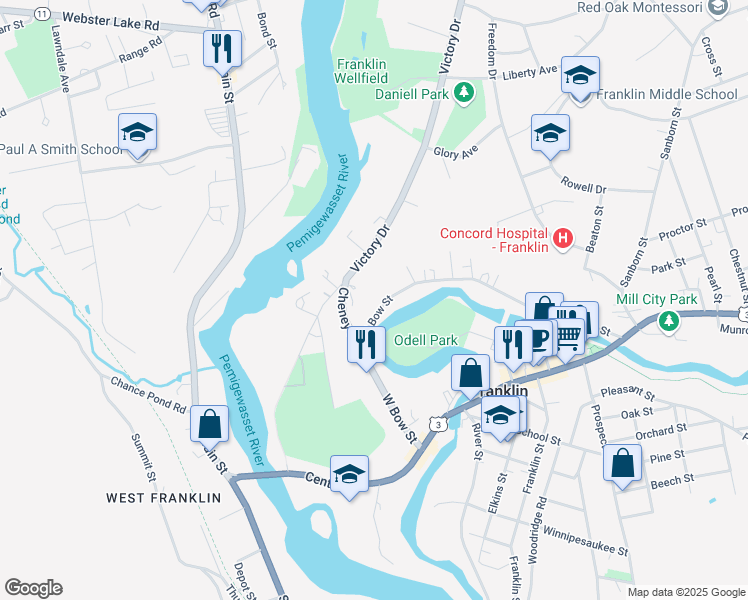 map of restaurants, bars, coffee shops, grocery stores, and more near 168 West Bow Street in Franklin