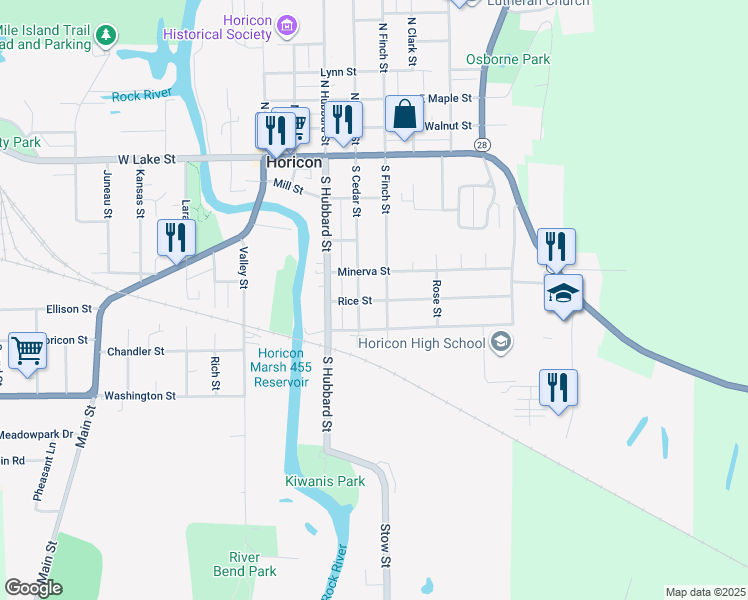 map of restaurants, bars, coffee shops, grocery stores, and more near 420 South Finch Street in Horicon