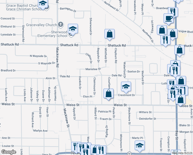 map of restaurants, bars, coffee shops, grocery stores, and more near 3650 Dale Road in Saginaw