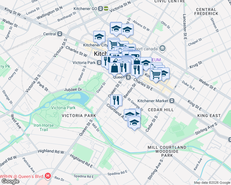 map of restaurants, bars, coffee shops, grocery stores, and more near 221 Queen Street South in Kitchener