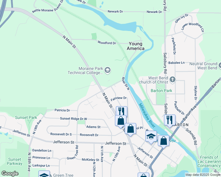 map of restaurants, bars, coffee shops, grocery stores, and more near 2040 Woodlawn Avenue in West Bend
