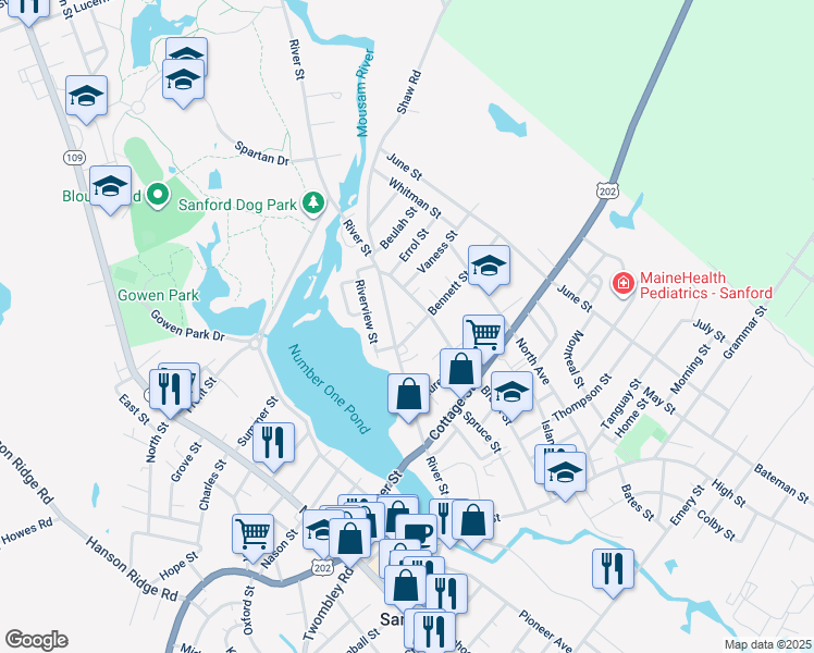 map of restaurants, bars, coffee shops, grocery stores, and more near 188 Brook Street in Sanford