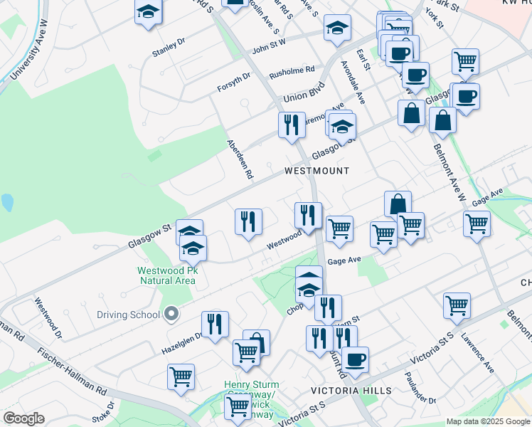 map of restaurants, bars, coffee shops, grocery stores, and more near 60 Inwood Crescent in Kitchener