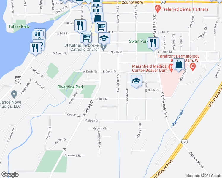 map of restaurants, bars, coffee shops, grocery stores, and more near 804 South Lincoln Avenue in Beaver Dam