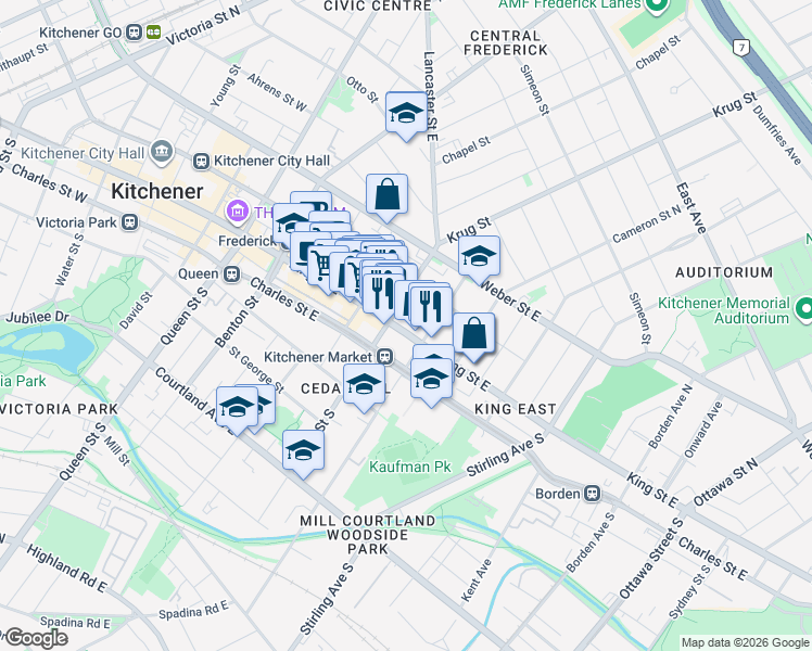 map of restaurants, bars, coffee shops, grocery stores, and more near 388 King Street East in Kitchener