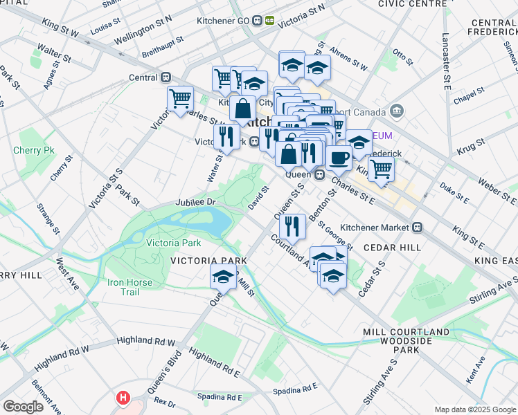 map of restaurants, bars, coffee shops, grocery stores, and more near 51 David Street in Kitchener